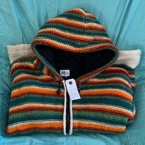 Rocky Striped Zip-Up Hooded Sweater in Green, Orange & White